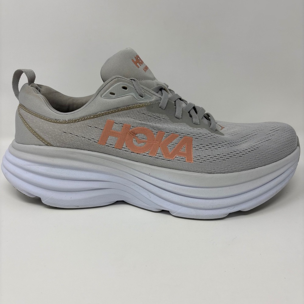 Hoka Bondi 8 Women's Size 12 Grey Orange White Running Shoes (1127952 HMLR)